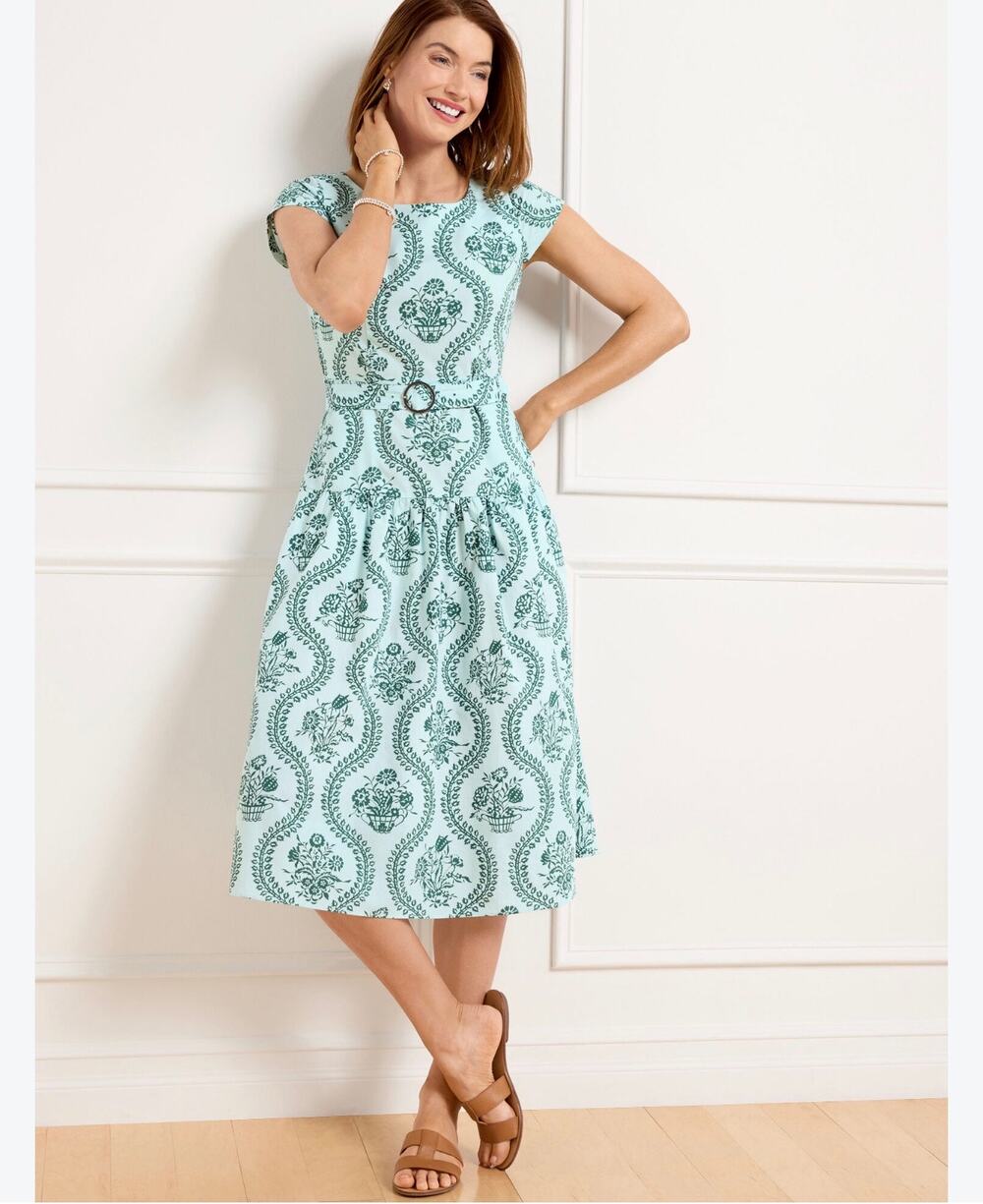 Talbots Poplin Midi Dress Floral green damask& floral print belted waist. 16W.